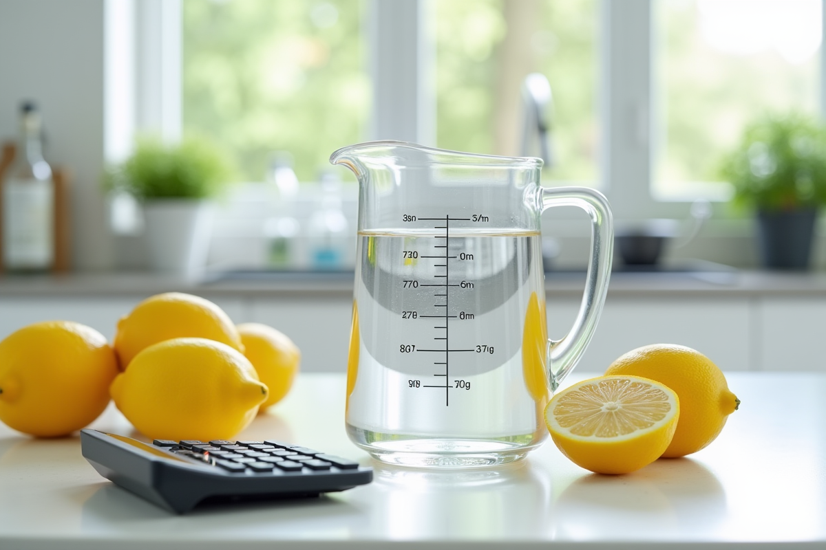 Verre mesureur d'eau avec citrons et calculatrice pour le titre